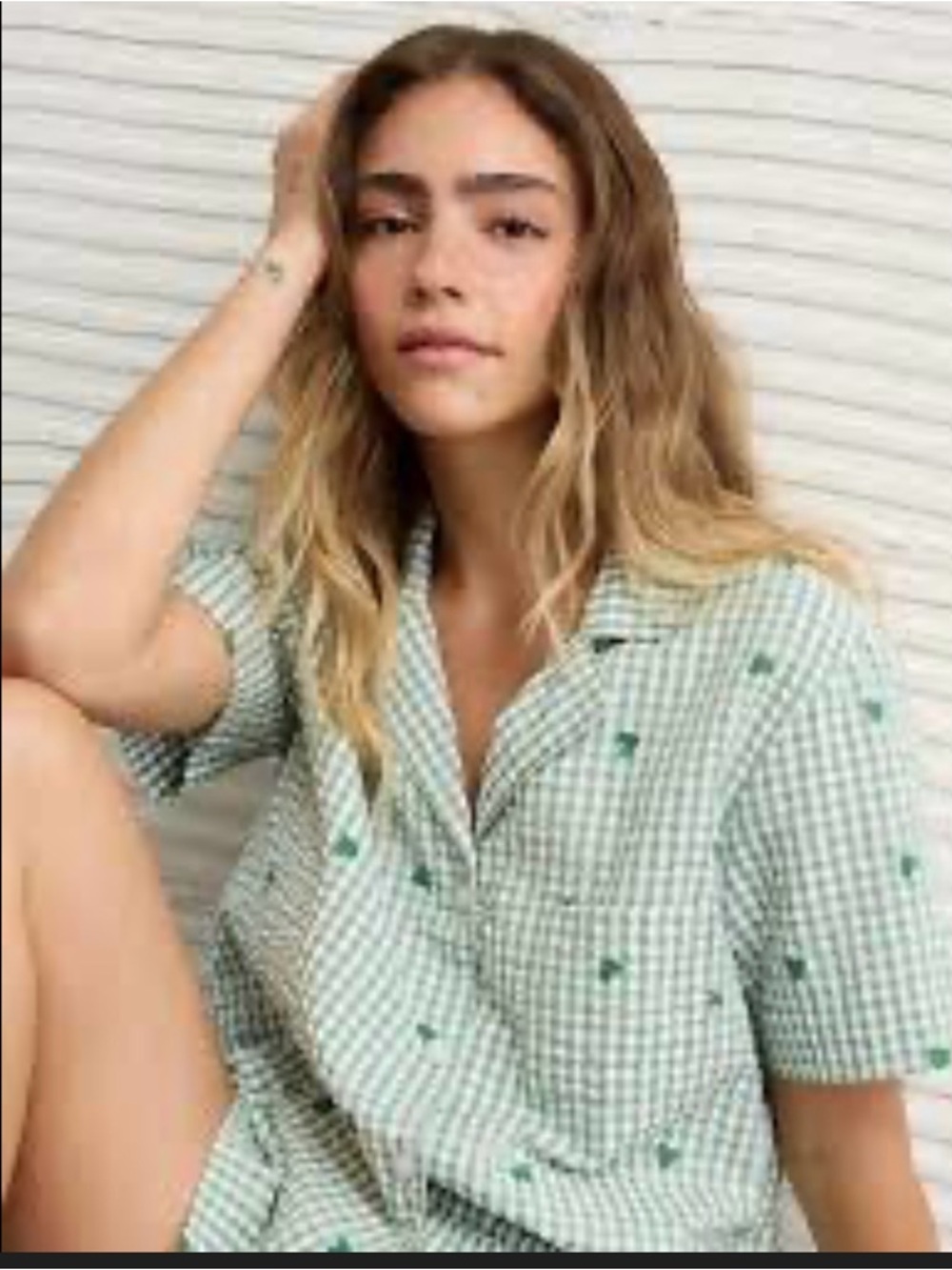 NWOT American Eagle Outfitters Green Gingham seersucker Heart Short Pajama Set